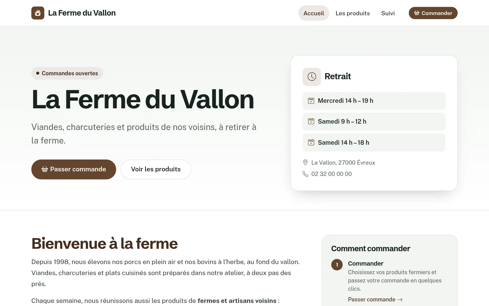 La page d'accueil de La Ferme du Vallon : commandes ouvertes, créneaux et lieu de retrait, présentation de la ferme et étapes pour commander.