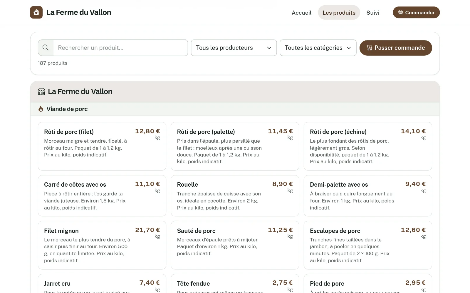 Le catalogue de La Ferme du Vallon dans Ma Commande : recherche, filtres par producteur et par catégorie, produits avec leur prix et leur unité.