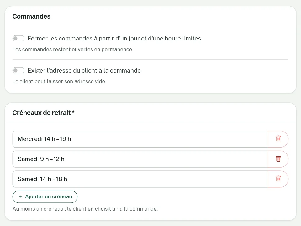 Les réglages des commandes et des créneaux de retrait dans les paramètres de l'exploitation.