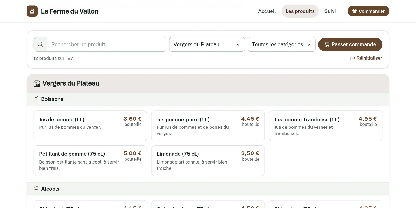 Le catalogue filtré sur un producteur partenaire : seuls ses produits restent affichés.