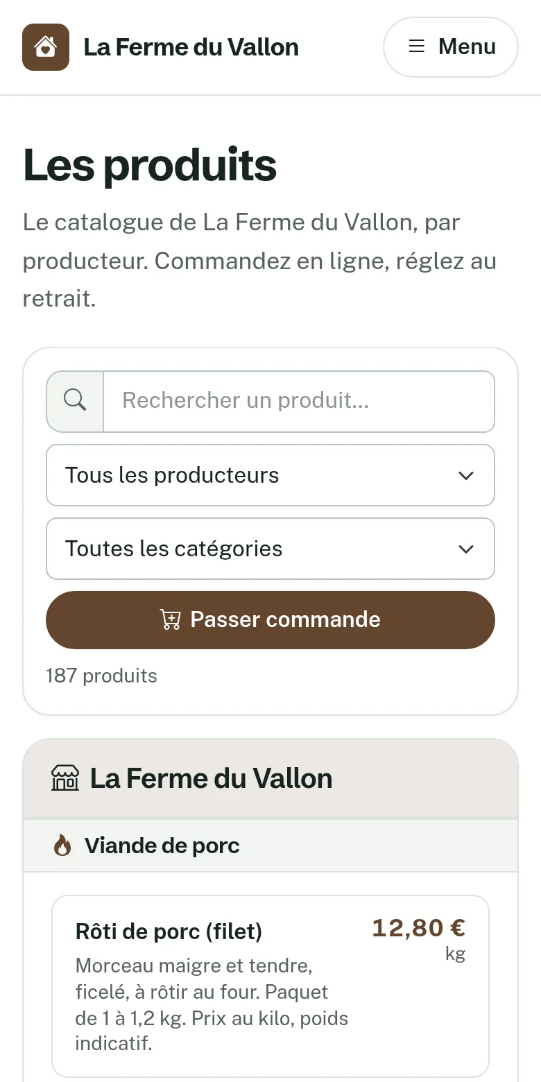 Le catalogue de La Ferme du Vallon sur téléphone.