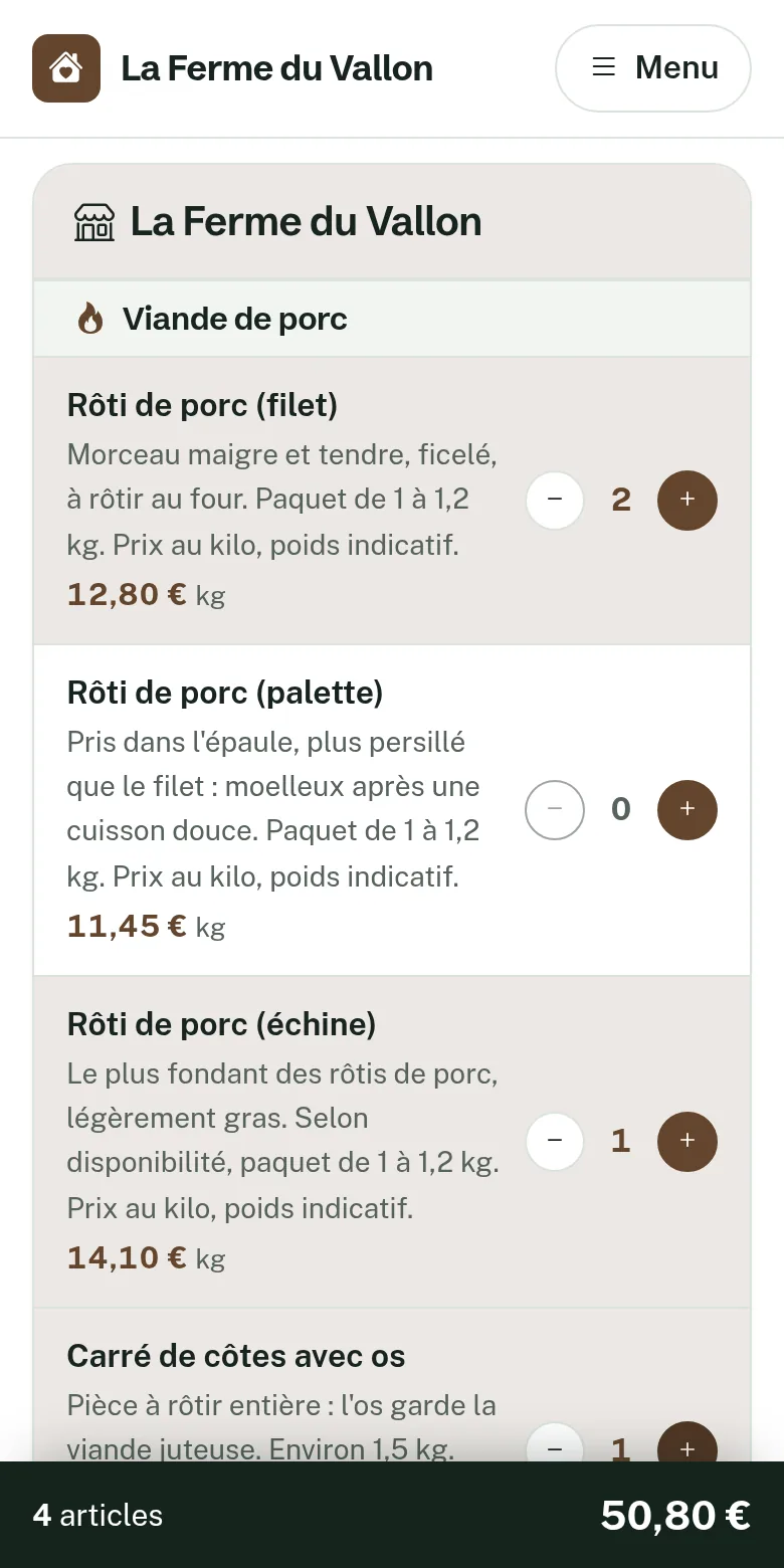 Une commande sur téléphone : le client choisit les quantités, le total s'affiche en bas de l'écran.