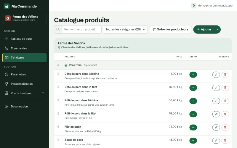 Page Catalogue du back-office : barre de recherche, filtre par catégorie, boutons Ordre des producteurs et Ajouter, produits rangés par producteur puis par catégorie