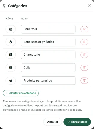 Fenêtre Catégories ouverte par-dessus la fiche produit : icône et nom de chaque catégorie, corbeilles et bouton Ajouter une catégorie