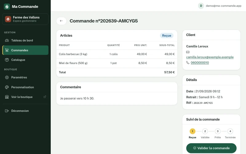 Détail d'une commande : articles et total, commentaire du client, coordonnées, date, créneau de retrait et suivi de la commande