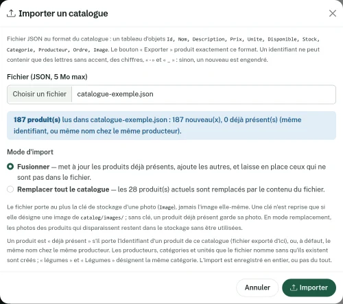 Fenêtre Importer un catalogue : fichier choisi, aperçu de 187 produits lus et choix du mode d'import Fusionner ou Remplacer tout le catalogue