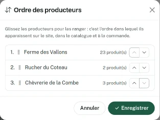 Fenêtre Ordre des producteurs : liste numérotée, poignées de glissement et flèches Monter et Descendre