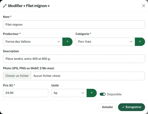 Fenêtre Modifier un produit : nom, producteur, catégorie, description, photo, prix, unité et interrupteur Disponible