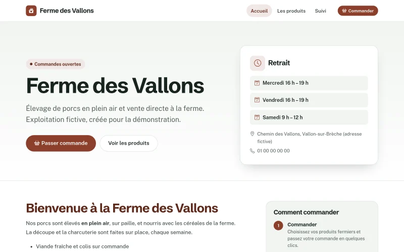 Accueil d'une boutique Ma Commande : nom de l'exploitation, état des commandes, créneaux de retrait et bouton Passer commande