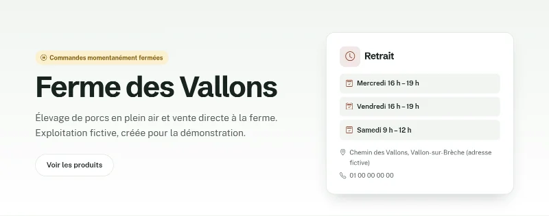 Accueil de la boutique avec la mention Commandes momentanément fermées et sans bouton Passer commande