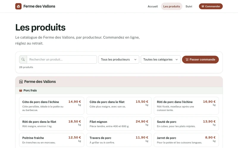 Page Les produits de la boutique : recherche, filtres par producteur et par catégorie, produits regroupés par producteur et catégorie