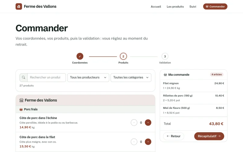 Étape Produits : liste des produits avec boutons moins et plus, et encadré Ma commande avec le total