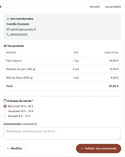 Récapitulatif de la commande : coordonnées, produits, choix du créneau de retrait et commentaire