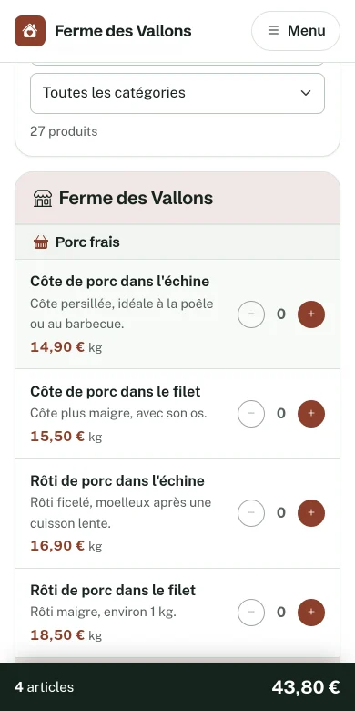 Étape Produits sur téléphone, avec la barre du nombre d'articles et du total en bas de l'écran