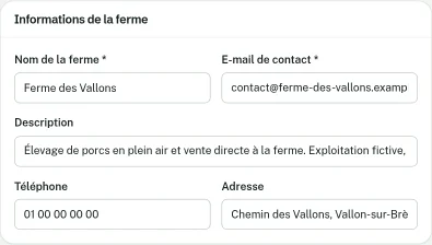 Carte Informations de la ferme : nom, e-mail de contact, description, téléphone et adresse