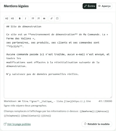 Carte Mentions légales : boutons Écrire et Aperçu, éditeur de texte, liste des champs remplacés et bouton Rétablir le modèle