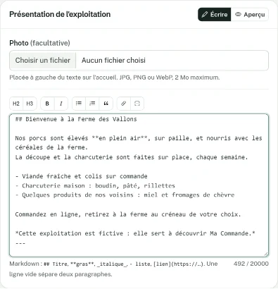 Aperçu de la présentation aux couleurs de la boutique : titre, texte et liste