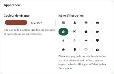 Carte Apparence : sélecteur de couleur dominante et grille des icônes d'illustration