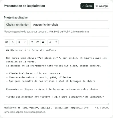Carte Présentation de l'exploitation en mode Écrire : champ photo, barre d'outils et texte de présentation