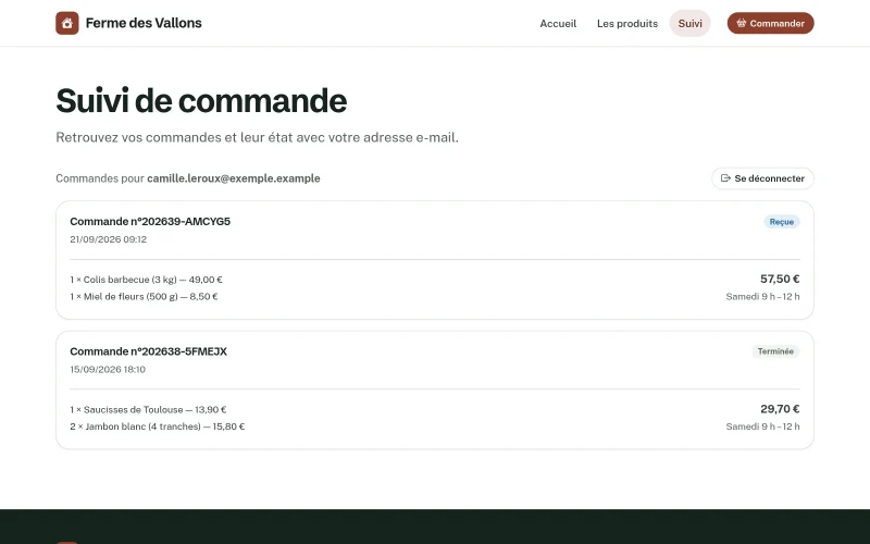Page Suivi de commande : deux commandes avec leur numéro, leur date, leur statut, leurs articles, leur total et leur créneau